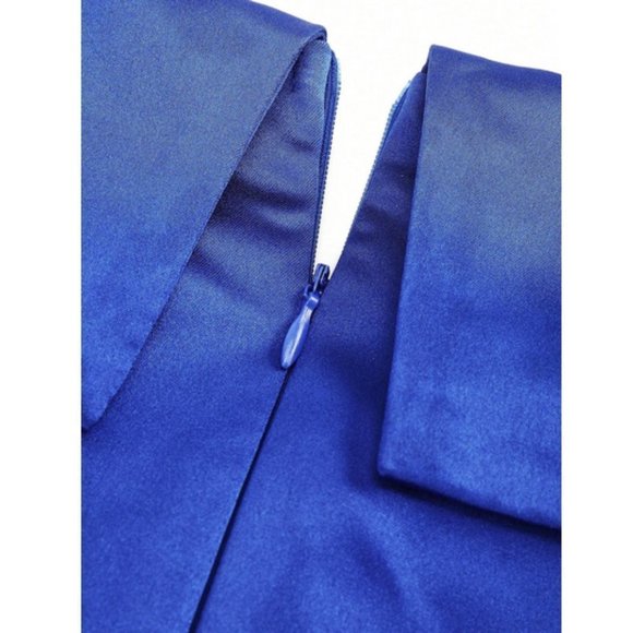 Chic Off Shoulder Boxy Pleated Split Thigh Prom Maxi Dress Blue - Picture 9 of 9